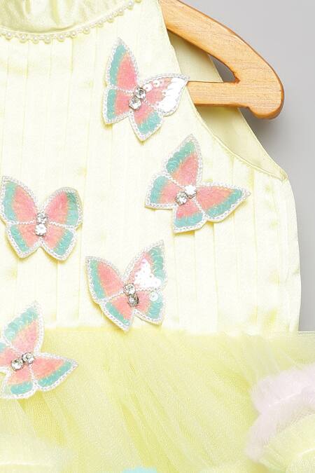 Tutus By Tutu_Yellow Satins Embroidered Sequin Placed Butterfly Applique Pattern Frill Dress_Online_at_Aza_Fashions