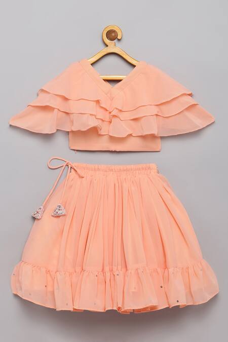 Shop Tutus By Tutu Peach Georgette, Cotton Mirrors Embellished Lehenga With Frilled Top at Aza Fashions Shop_Tutus By Tutu_Peach Georgette, Cotton Mirrors Embellished Lehenga With Frilled Top _at_Aza_Fashions