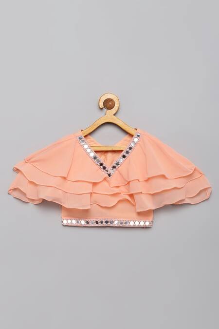 Tutus By Tutu Peach Georgette, Cotton Mirrors Embellished Lehenga With Frilled Top Online at Aza Fashions Tutus By Tutu_Peach Georgette, Cotton Mirrors Embellished Lehenga With Frilled Top _Online_at_Aza_Fashions