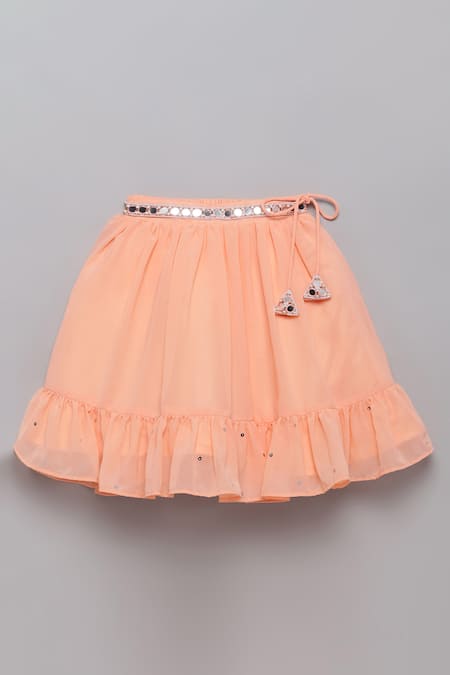 Shop Tutus By Tutu Peach Georgette, Cotton Mirrors Embellished Lehenga With Frilled Top Online at Aza Fashions Shop_Tutus By Tutu_Peach Georgette, Cotton Mirrors Embellished Lehenga With Frilled Top _Online_at_Aza_Fashions