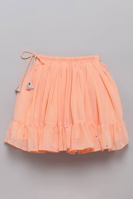 Tutus By Tutu Peach Georgette, Cotton Mirrors Embellished Lehenga With Frilled Top at Aza Fashions Tutus By Tutu_Peach Georgette, Cotton Mirrors Embellished Lehenga With Frilled Top _at_Aza_Fashions
