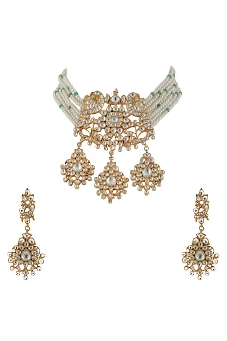 Shop Riana Jewellery Gold Plated Pearls, Stones Bead Peacock Pendant Choker Set at Aza Fashions Shop_Riana Jewellery_Gold Plated Pearls, Stones Bead Peacock Pendant Choker Set _at_Aza_Fashions