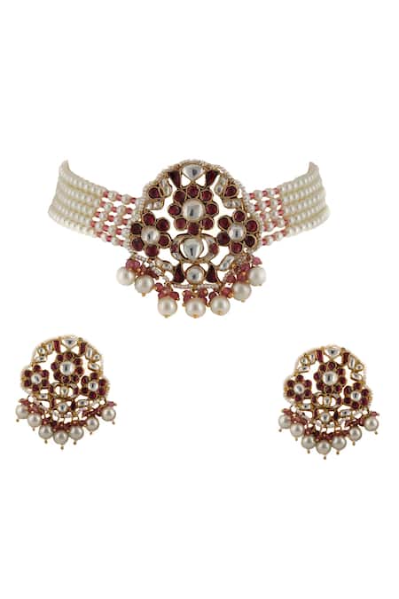 Shop_Riana Jewellery_Gold Plated Pearls, Glitter Bead Pendant Choker Set _at_Aza_Fashions