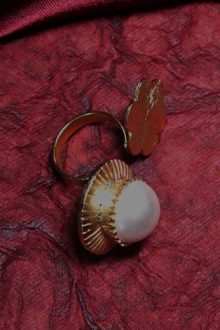 Shop Ishhaara Gold Plated Pearls Embellished Open Ring at Aza Fashions Shop_Ishhaara_Gold Plated Pearls Embellished Open Ring _at_Aza_Fashions