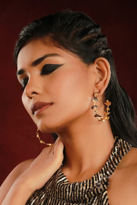 Buy Ishhaara Gold Plated Embroidery Leaf Embellished Hoops at Aza Fashions Buy_Ishhaara_Gold Plated Embroidery Leaf Embellished Hoops _at_Aza_Fashions