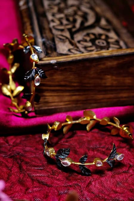 Shop Ishhaara Gold Plated Embroidery Leaf Embellished Hoops at Aza Fashions Shop_Ishhaara_Gold Plated Embroidery Leaf Embellished Hoops _at_Aza_Fashions