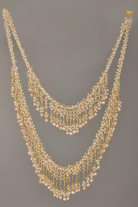 Shop_House Of D"Oro_Peach Beads Multi Layered Necklace Set_at_Aza_Fashions