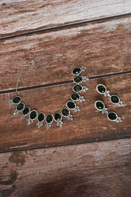 Shop_Kohar By Kanika_Green Sapphire Stone And Faux Diamond Studded Necklace Set_at_Aza_Fashions