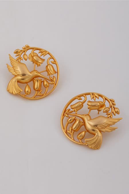 Shop Opalina Soulful Jewellery Gold Plated Embroidery Handcrafted Floral Statement Studs at Aza Fashions Shop_Opalina Soulful Jewellery_Gold Plated Embroidery Handcrafted Floral Statement Studs _at_Aza_Fashions