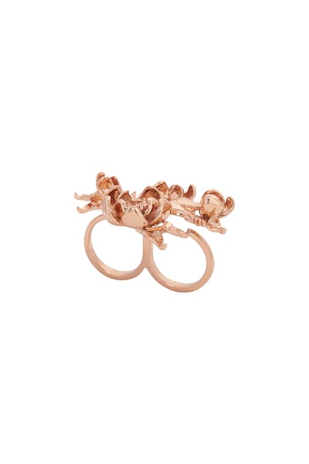 Shop Opalina Soulful Jewellery Gold Plated Handcrafted Floral Two Finger Ring at Aza Fashions Shop_Opalina Soulful Jewellery_Gold Plated Handcrafted Floral Two Finger Ring _at_Aza_Fashions