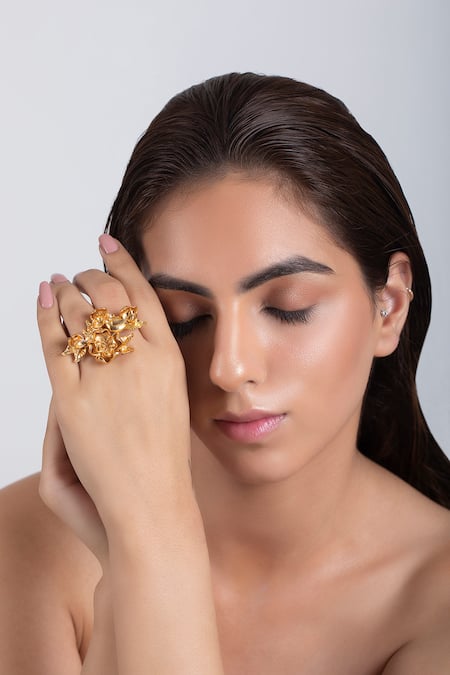 Opalina Soulful Jewellery Gold Plated Handcrafted Floral Two Finger Ring 