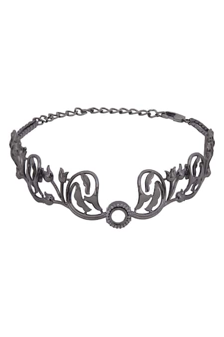Shop_Opalina Soulful Jewellery_Silver Plated Handcrafted Carved Pendant Choker _at_Aza_Fashions