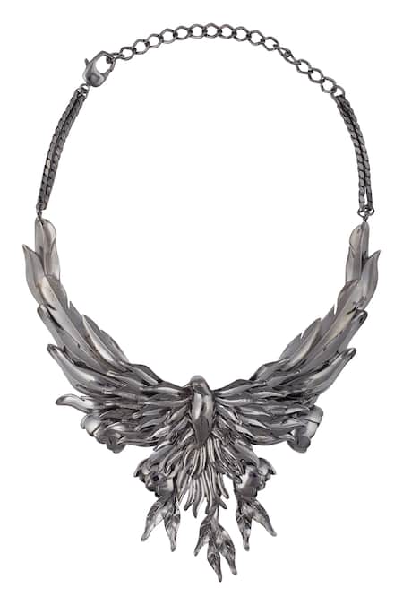 Shop Opalina Soulful Jewellery Silver Plated Handcrafted Bird Carved Collar Necklace at Aza Fashions Shop_Opalina Soulful Jewellery_Silver Plated Handcrafted Bird Carved Collar Necklace _at_Aza_Fashions