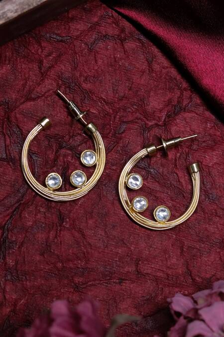 Shop Ishhaara Gold Plated Crystals, Stones Layered Embellished Hoop Earrings at Aza Fashions Shop_Ishhaara_Gold Plated Crystals, Stones Layered Embellished Hoop Earrings _at_Aza_Fashions