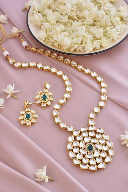 Shop_Swabhimann_Gold Plated Diamonds, Stones Kundan Embellished Long Necklace Set _at_Aza_Fashions