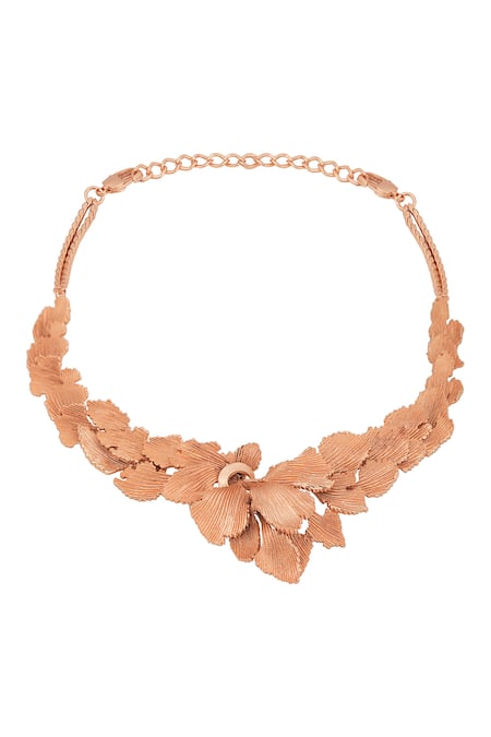 Shop Opalina Soulful Jewellery Gold Plated Handcrafted Leaf Carved Collar Necklace at Aza Fashions Shop_Opalina Soulful Jewellery_Gold Plated Handcrafted Leaf Carved Collar Necklace _at_Aza_Fashions