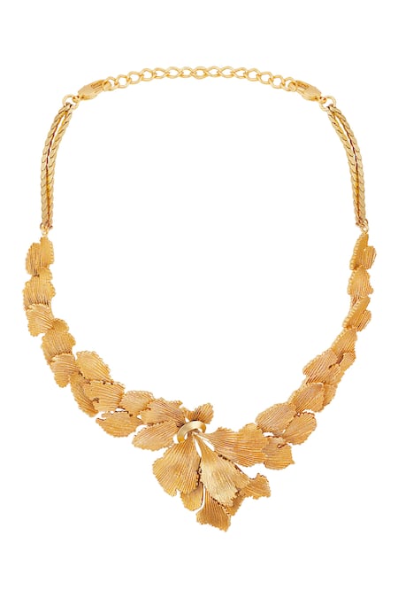 Shop Opalina Soulful Jewellery Gold Plated Handcrafted Leaf Carved Collar Necklace at Aza Fashions Shop_Opalina Soulful Jewellery_Gold Plated Handcrafted Leaf Carved Collar Necklace _at_Aza_Fashions
