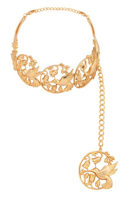 Shop Opalina Soulful Jewellery Gold Plated Handcrafted Hummingbird Carved Choker at Aza Fashions Shop_Opalina Soulful Jewellery_Gold Plated Handcrafted Hummingbird Carved Choker _at_Aza_Fashions