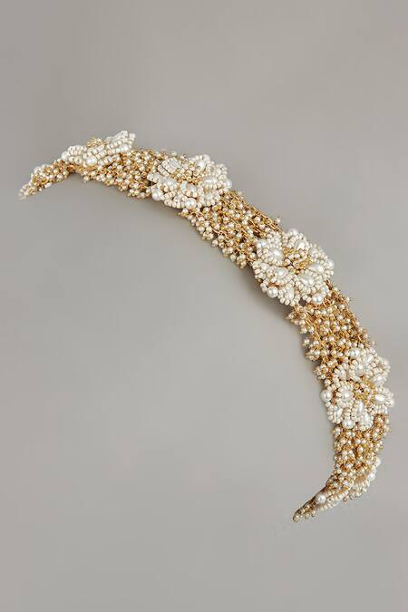 Shop House Of D"Oro White Beads Handmade Floral Mathapatti at Aza Fashions Shop_House Of D"Oro_White Beads Handmade Floral Mathapatti_at_Aza_Fashions
