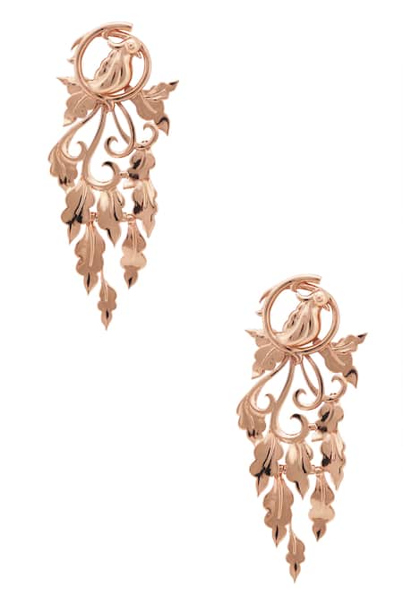 Shop Opalina Soulful Jewellery Gold Plated Cut Work Handcrafted Bird Long Statement Earrings at Aza Fashions Shop_Opalina Soulful Jewellery_Gold Plated Cut Work Handcrafted Bird Long Statement Earrings _at_Aza_Fashions