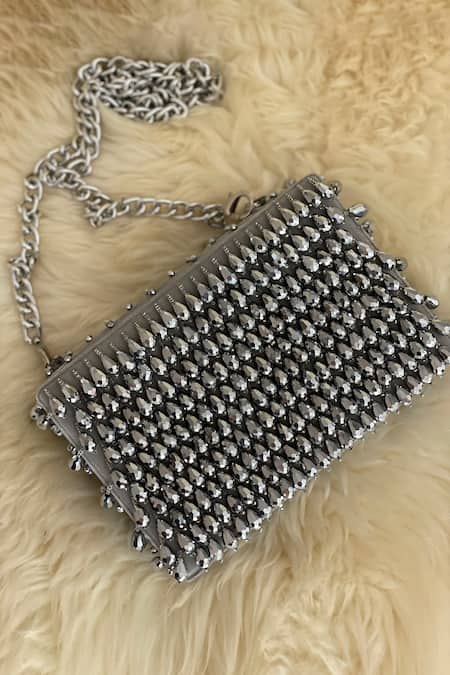 Shop Bhavna Kumar Silver Hand Embroidered Box Clutch at Aza Fashions Shop_Bhavna Kumar_Silver Hand Embroidered Box Clutch _at_Aza_Fashions