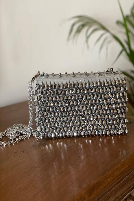 Bhavna Kumar Silver Hand Embroidered Box Clutch Online at Aza Fashions Bhavna Kumar_Silver Hand Embroidered Box Clutch _Online_at_Aza_Fashions