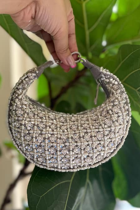 Bhavna Kumar_Grey Embroidered Crescent Mini Bag _Online_at_Aza_Fashions