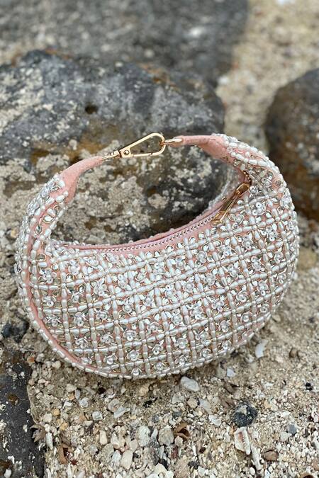 Bhavna Kumar_Pink Embroidered Crescent Velvet Mini Bag _Online_at_Aza_Fashions