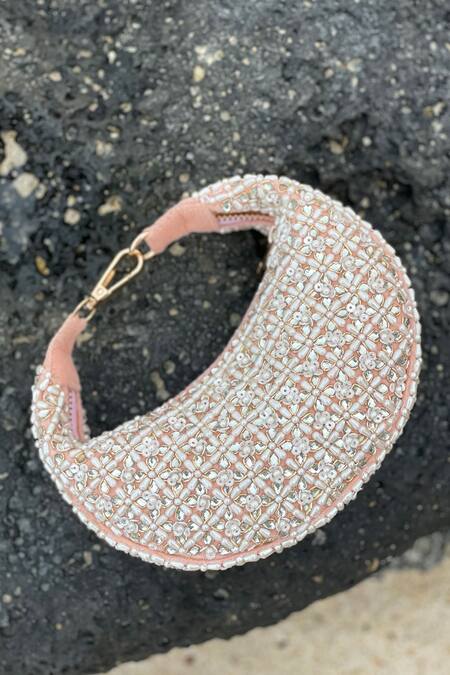 Shop_Bhavna Kumar_Pink Embroidered Crescent Velvet Mini Bag _Online_at_Aza_Fashions