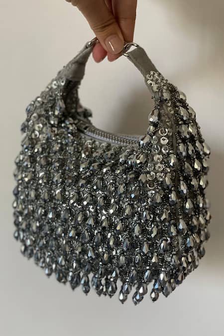 Bhavna Kumar_Grey Embroidered Crescent Bag _Online_at_Aza_Fashions