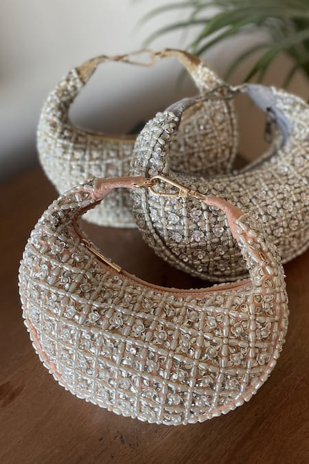 Bhavna Kumar_Beige Beads Embroidered Crescent Bag _Online_at_Aza_Fashions