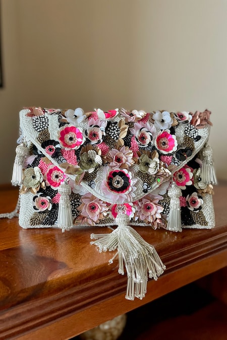 Bhavna Kumar White Floral Embellished Beaded Boho Bag