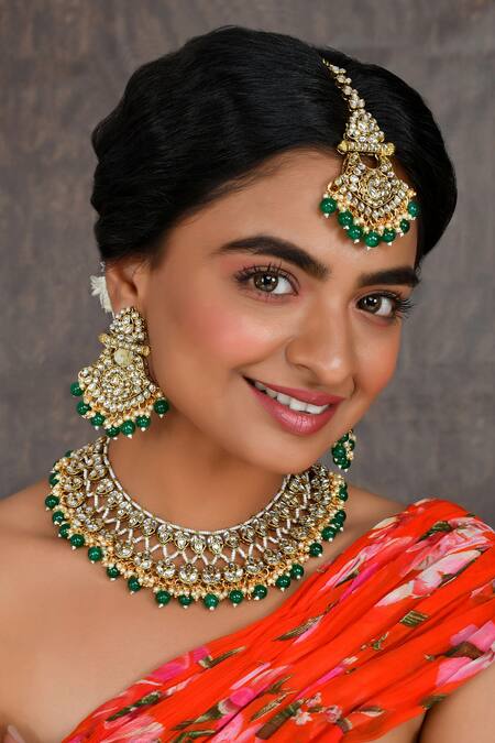 Newest Crystal Mala Choker Necklace for Lehenga Red and Green Colour  Options NL24046