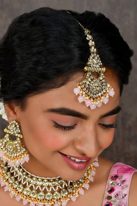 Ishhaara_Pink Crystals, Beads Choker Necklace Set_Online_at_Aza_Fashions