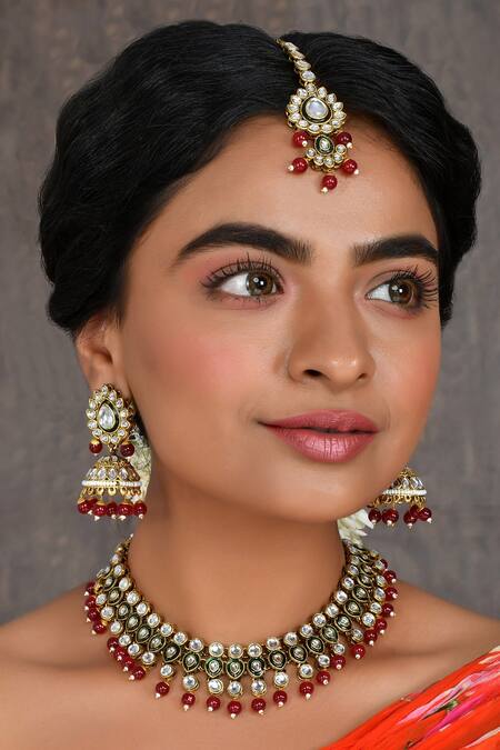 Ishhaara_Red Stone And Bead Embellished Choker Set_Online_at_Aza_Fashions