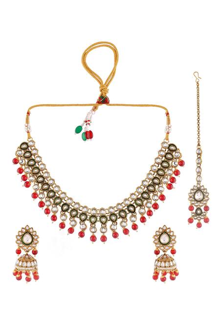 Shop_Ishhaara_Red Stone And Bead Embellished Choker Set_Online_at_Aza_Fashions