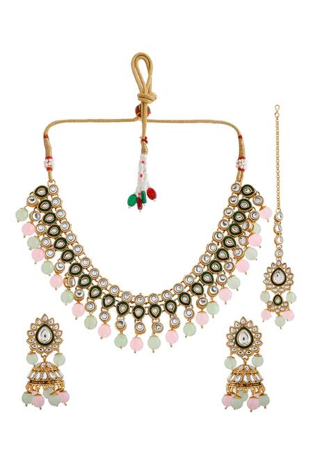 Ishhaara_Pink Stone And Bead Embellished Choker Set_Online_at_Aza_Fashions