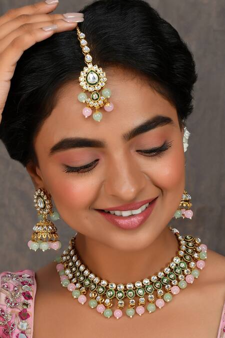 Buy_Ishhaara_Pink Stone And Bead Embellished Choker Set