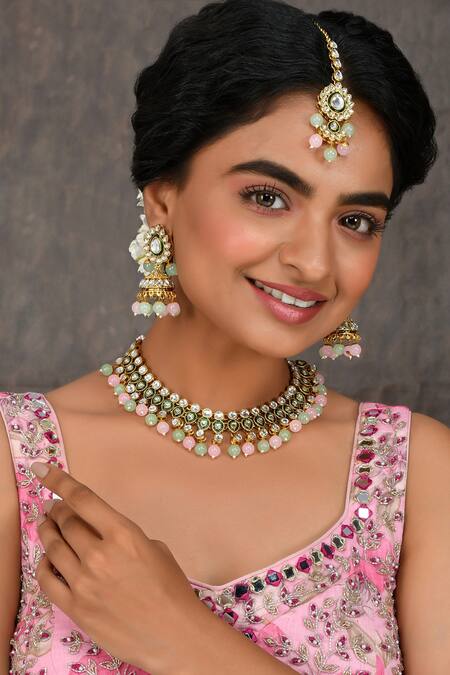 Shop_Ishhaara_Pink Stone And Bead Embellished Choker Set