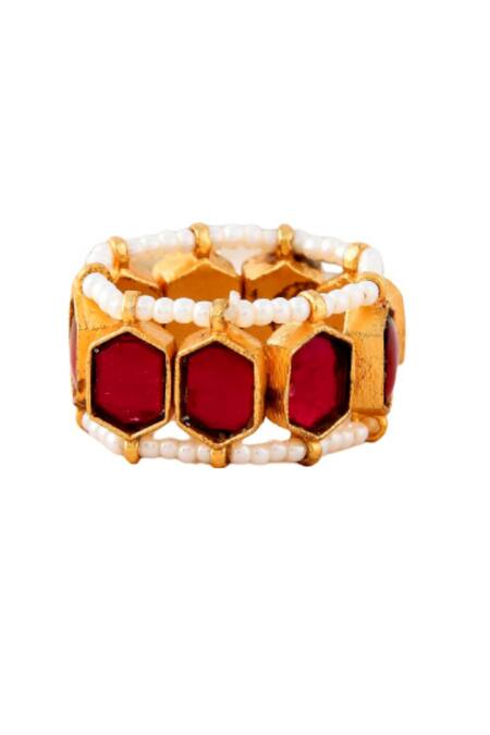 Ishhaara Red Stones, Beads Geometric Embellished Ring Online at Aza Fashions Ishhaara_Red Stones, Beads Geometric Embellished Ring _Online_at_Aza_Fashions