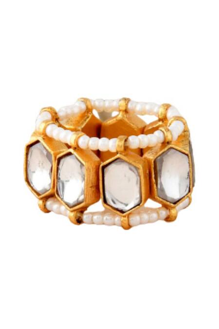 Ishhaara_White Stones, Beads Geometric Studded Adjustable Ring _Online_at_Aza_Fashions