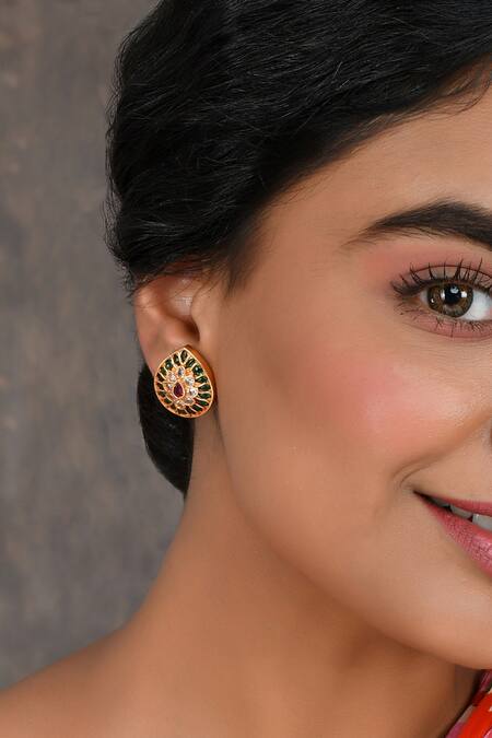 Ishhaara_Green Diamonds, Stones Kempu Embellished Stud Earrings _Online_at_Aza_Fashions