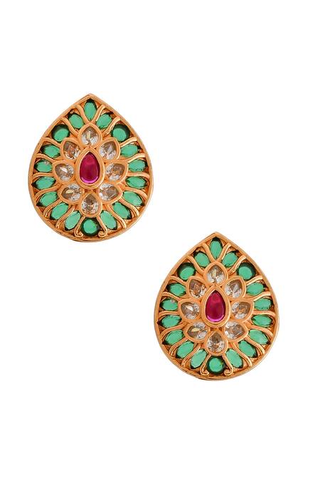Buy_Ishhaara_Green Diamonds, Stones Kempu Embellished Stud Earrings _Online_at_Aza_Fashions