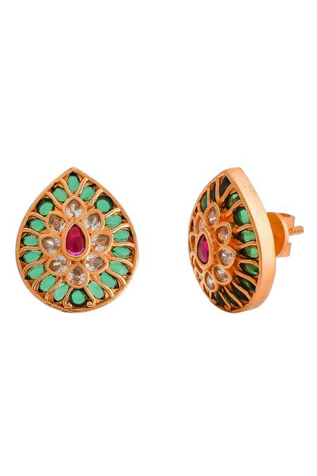 Shop_Ishhaara_Green Diamonds, Stones Kempu Embellished Stud Earrings _Online_at_Aza_Fashions