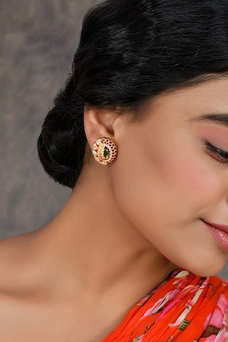 Ishhaara_Pink Crystals Kempu Stone Studded Leaf Earrings _Online_at_Aza_Fashions