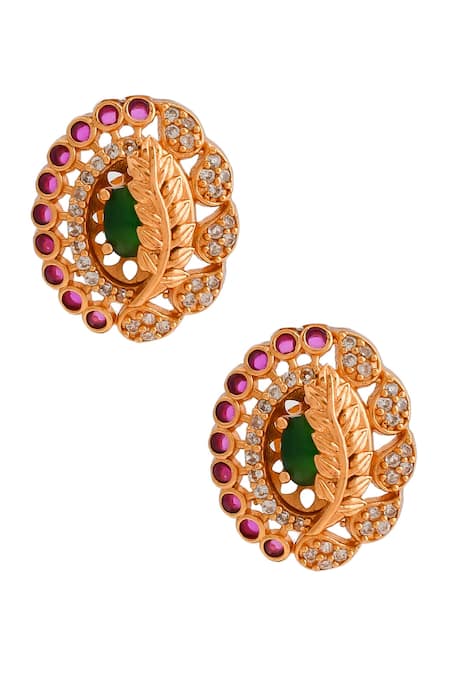 Buy_Ishhaara_Pink Crystals Kempu Stone Studded Leaf Earrings _Online_at_Aza_Fashions