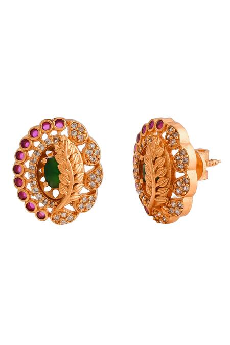 Shop_Ishhaara_Pink Crystals Kempu Stone Studded Leaf Earrings _Online_at_Aza_Fashions