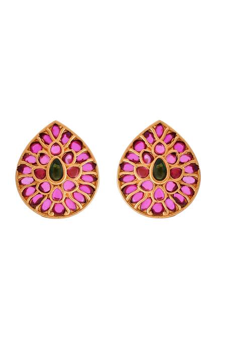 Buy_Ishhaara_Pink Imitation Diamonds Kempu Stone Encrusted Stud Earrings _Online_at_Aza_Fashions