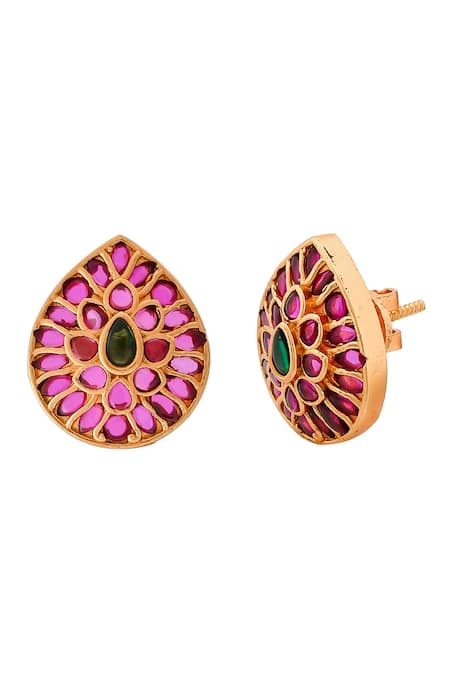 Ishhaara_Pink Imitation Diamonds Kempu Stone Encrusted Stud Earrings _at_Aza_Fashions