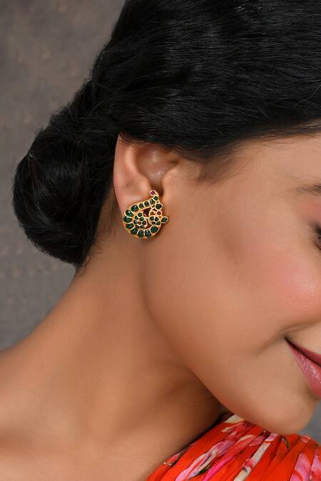 Ishhaara_Green Diamonds, Stones Kempu Encrusted Paisley Earrings _Online_at_Aza_Fashions